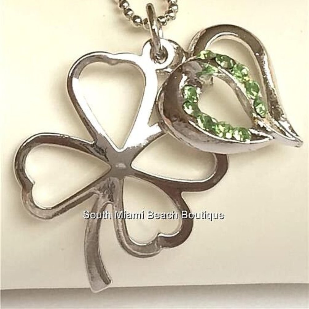 Irish Shamrock Necklace 18" Silver Plated Green Crystal Celtic St Patricks Day